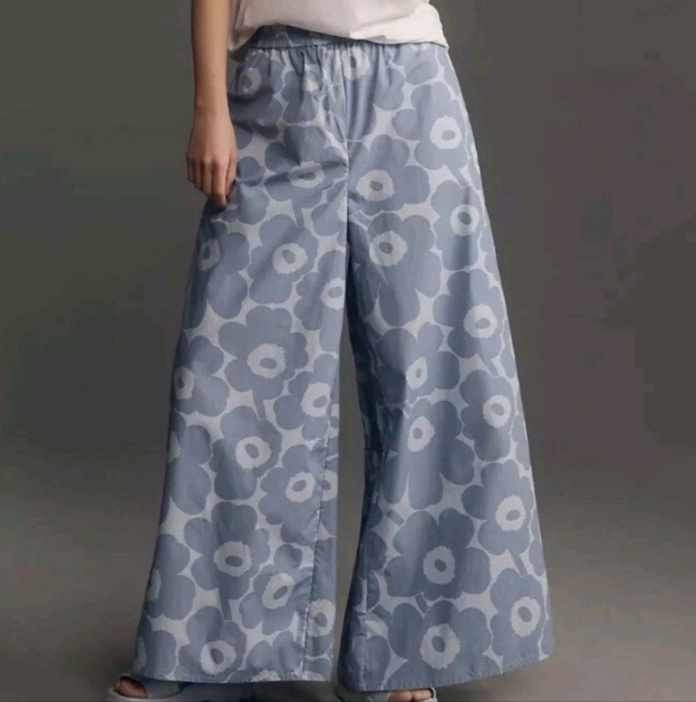 Marimekko Unikko Wide-Leg Pants XL Floral Beach Elastic Waist Pockets